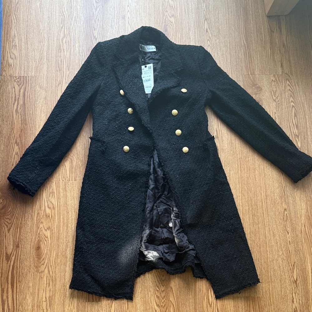 Zara Black Textured Trench Coat with Gold Buttons